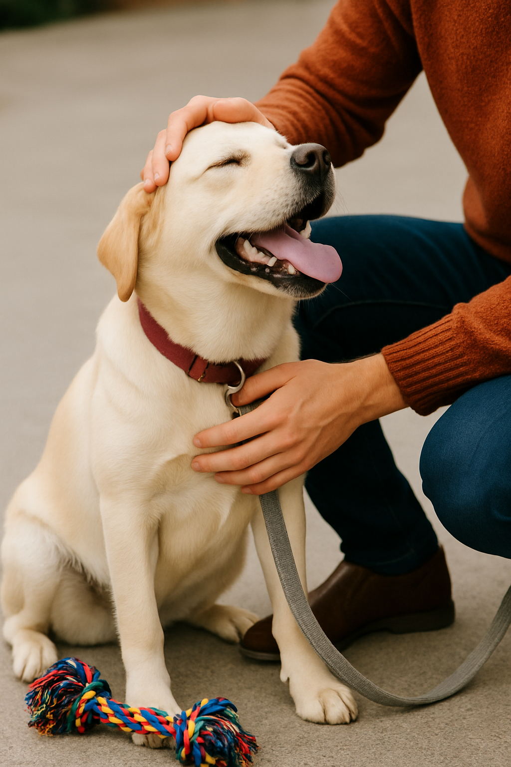 Happy owner smiling and affectionately petting their dog
